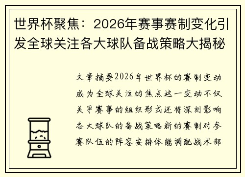 世界杯聚焦：2026年赛事赛制变化引发全球关注各大球队备战策略大揭秘