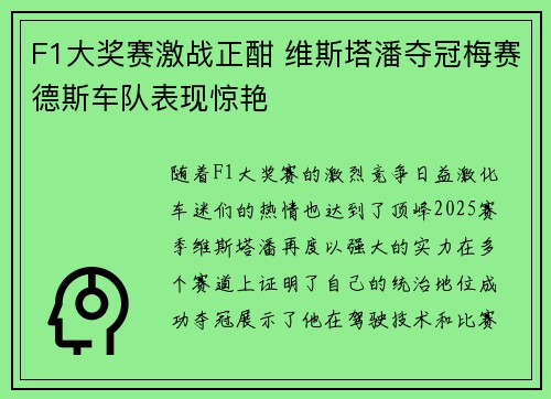 F1大奖赛激战正酣 维斯塔潘夺冠梅赛德斯车队表现惊艳