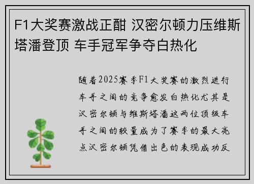 F1大奖赛激战正酣 汉密尔顿力压维斯塔潘登顶 车手冠军争夺白热化