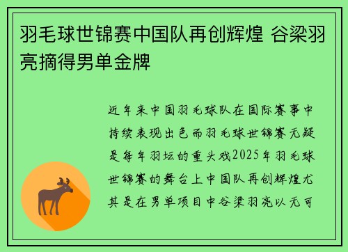 羽毛球世锦赛中国队再创辉煌 谷梁羽亮摘得男单金牌