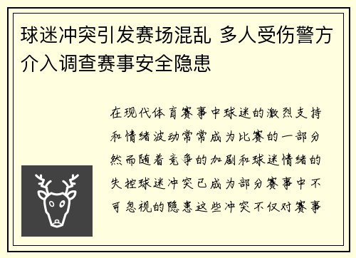 球迷冲突引发赛场混乱 多人受伤警方介入调查赛事安全隐患